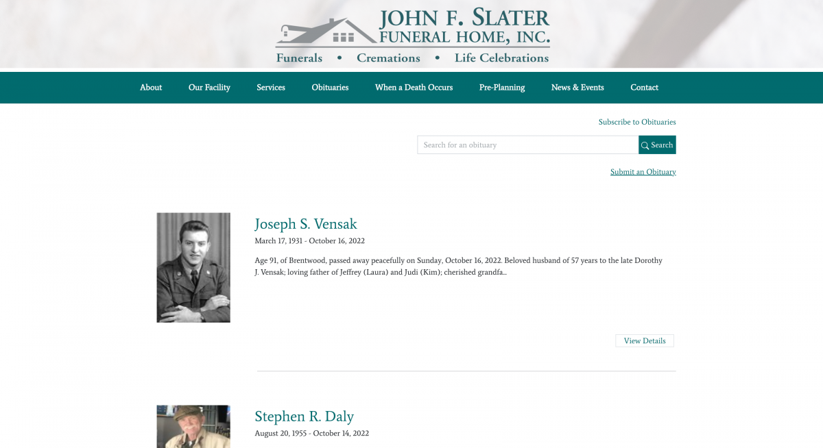 Obituaries at John F Slater Funeral Home